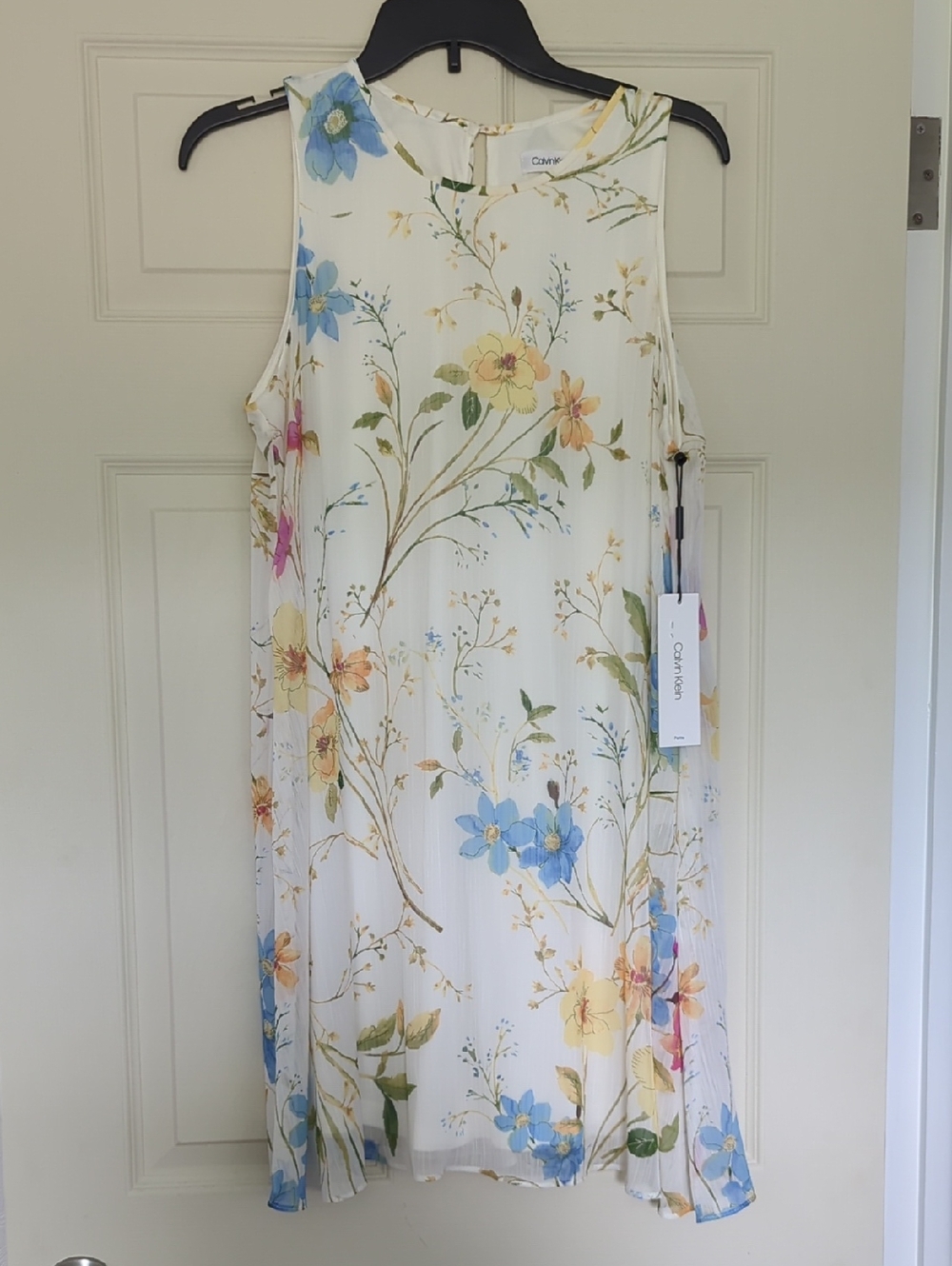 Calvin Klein White Floral Mini Dress with Blue and Yellow Flowers